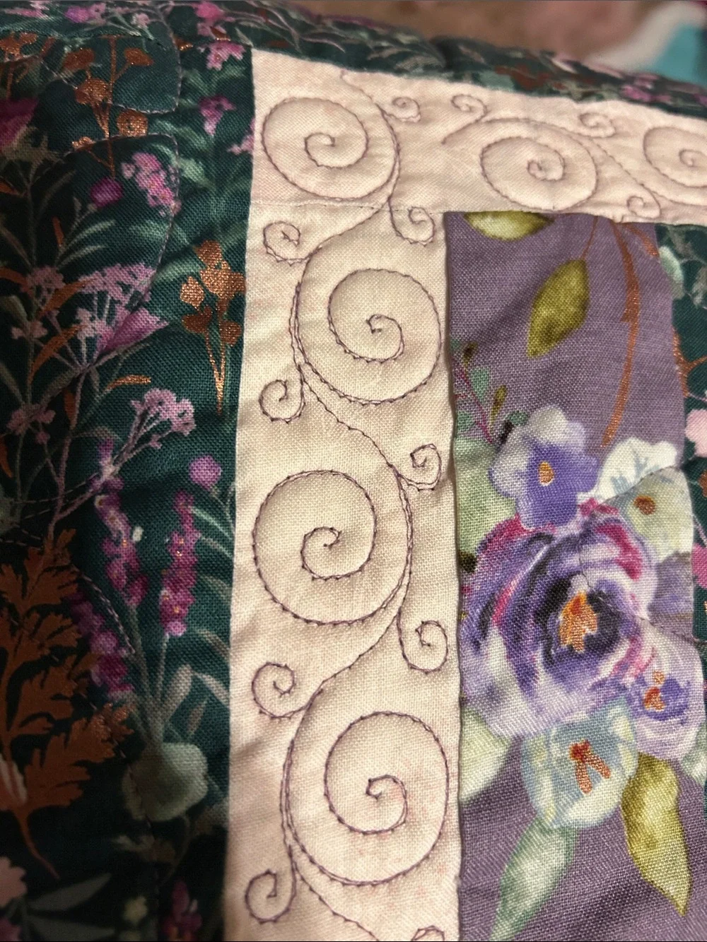 ONE OF A KIND - HANDCRAFTED Quilt in Shades of Purples, Green and Cream